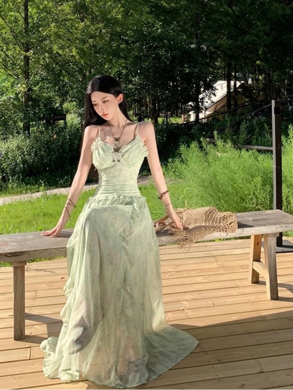 Sage Green Floral Ruffle Maxi Dress